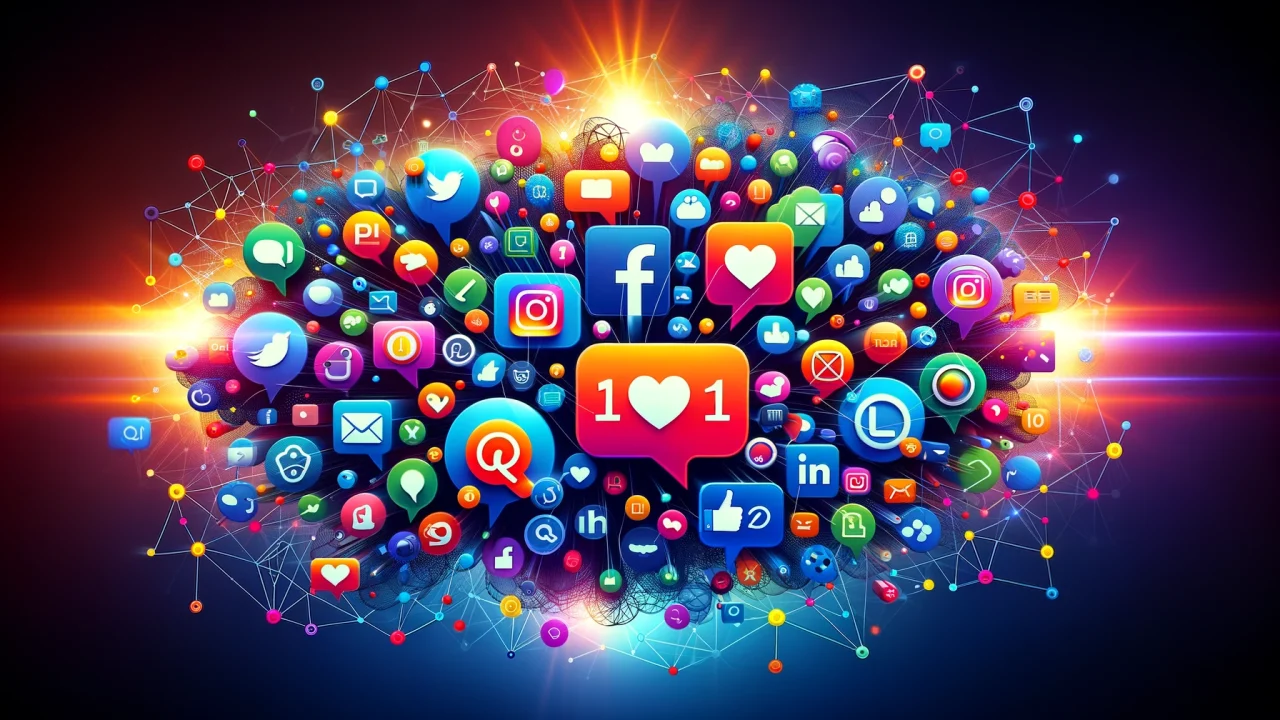 DALL·E 2024-05-27 09.23.54 - A vibrant and dynamic image representing social media in a 16_9 format. The image includes various icons and symbols of popular social media platforms